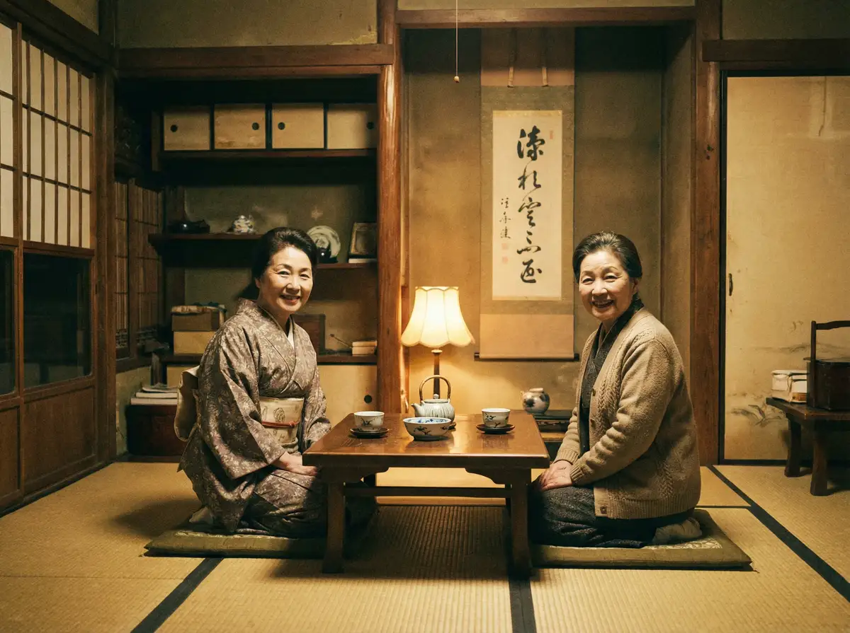 两位优雅的 18禁不禁高清 在日式茶室中品茶交谈